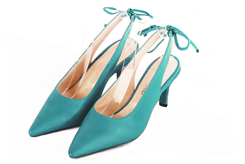 Turquoise blue women's slingback shoes. Pointed toe. Medium slim heel. Front view - Florence KOOIJMAN